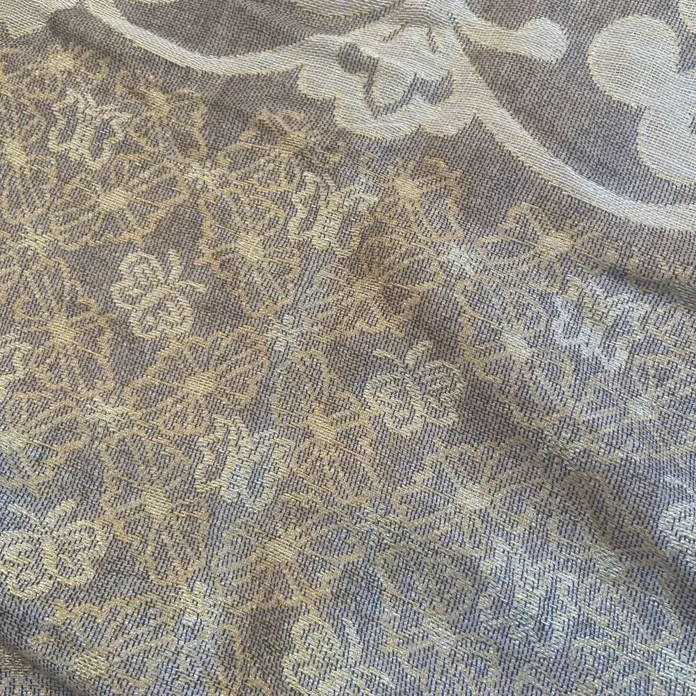 GOLD GLAM Metallic Thread Large Shawl Scarf With Tassels And Butterfly Print